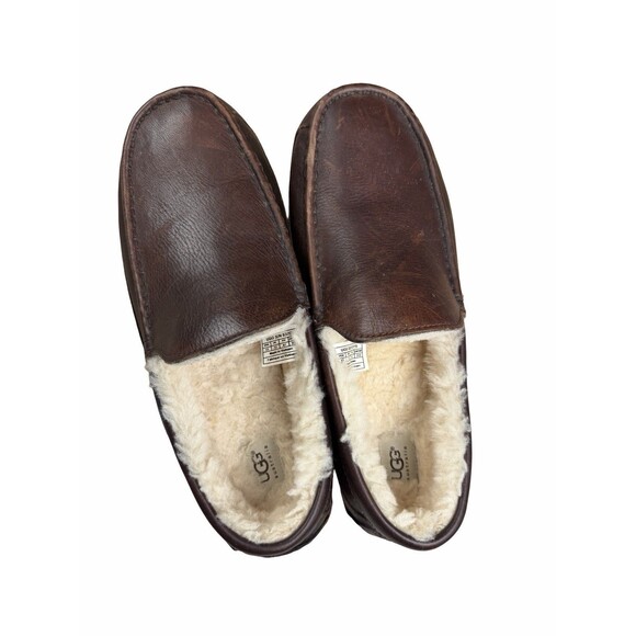 UGG Men\'s Ascot Slippers Dark Spice Brown Leather House Shoes 5379 Size 13 Clean main image 9